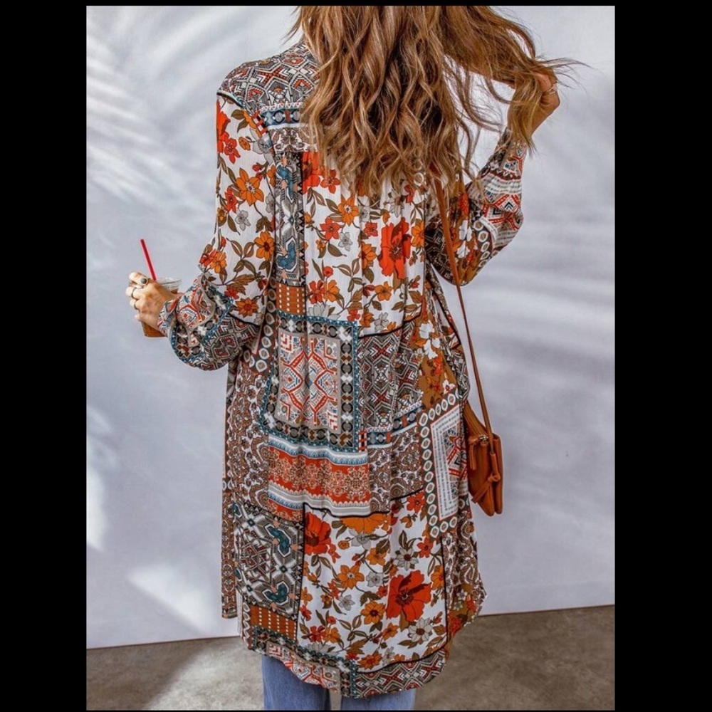 Floral Print Button Down Long Kimono Cardigan Boho Chic Loose Fit Year Round - Picture 4 of 9